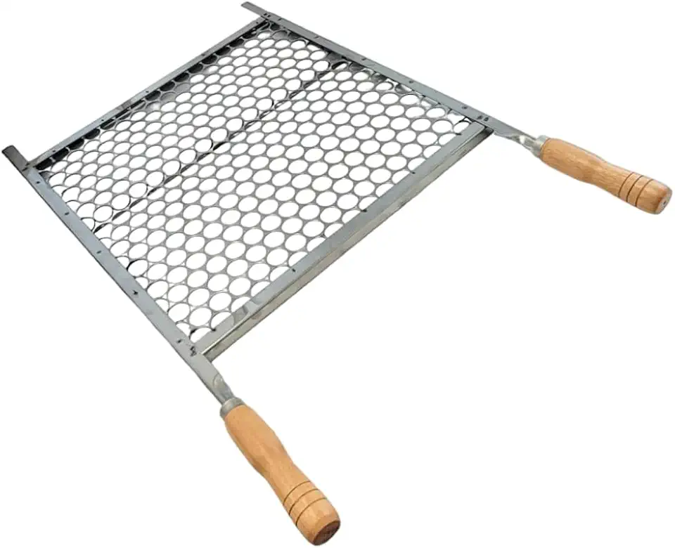 Grelha Churrasco Tradicional Furo Moeda em inox 50x40cm e cabos em madeira