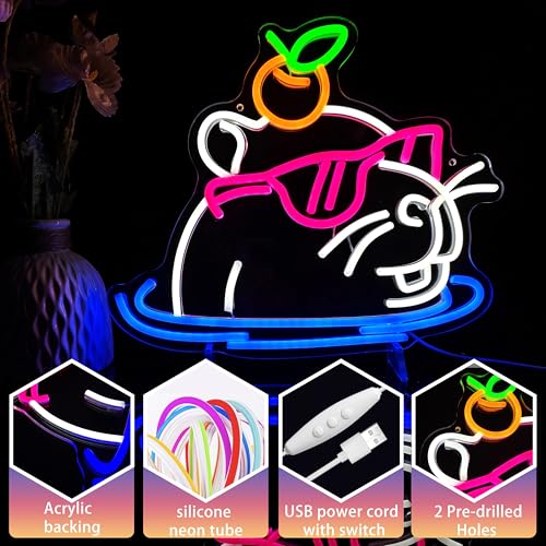 Image of Heliwey Cool Capybara Neon Sign Cute Capybara with Sunglasses LED Signs for Wall Decor Capybara Night Light for Children's Room Party Holiday Bar Decor