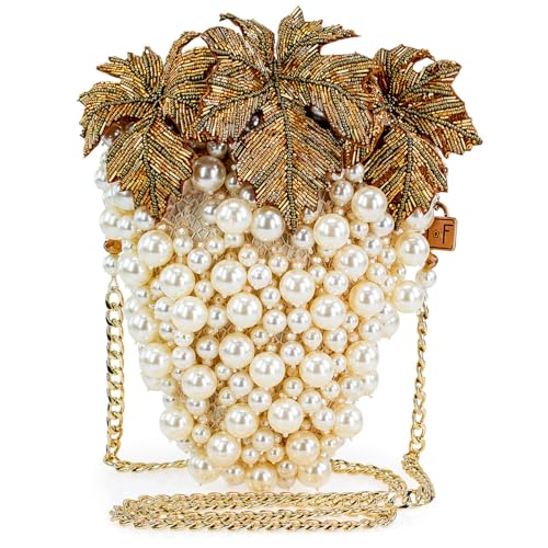Mary Frances Grapes Galore Ivory Embroidery Crossbody Handbags for Women, this Elegant Design Features Unique Evening Bag Style with a Mobile Phone Holder. Perfect for Parties and Special Occasions
