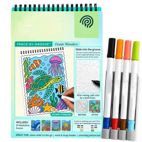 Trace‑By‑Groove Guided Flow Art Coloring Pad, Double‑Sided Markers Included