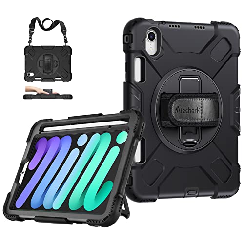 Case for iPad Mini 6 2021: Military Grade Shockproof Silicone Protective Cover for Kids iPad Mini 6th Generation 8.3 Inch with Stand - Handle - Shoulder Strap - Pencil Holder - Black