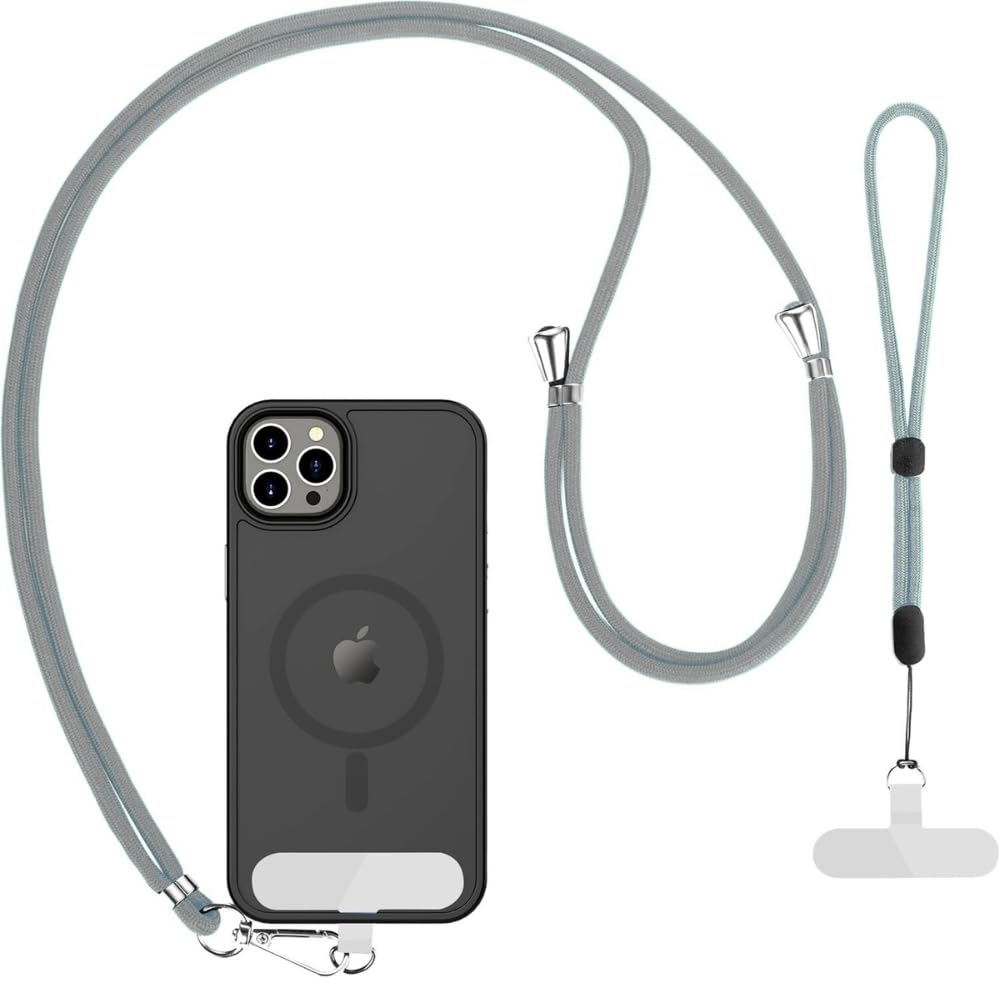 Phone Lanyard Set – Adjustable Neck Strap (66cm) + Wrist Strap (15cm) + 2 Non-Adhesive Tether Tabs – Universal Hands-Free Holder for iPhone, Android & More (Dark gray)
