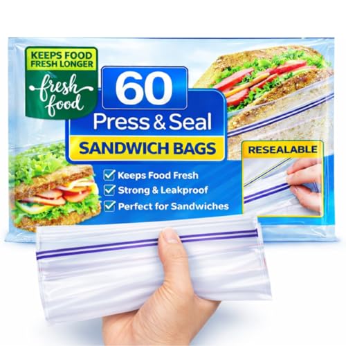LND Gifts Sandwich Bags 1 Pack Of 60 Press And Seal Food Bags Re-sealable Tab Closure For Food And Snacks(17cm x 20.cm Approx.) Perfect for Storing Snacks Fresher for Longer
