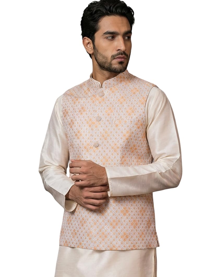 jompers Floral Printed and Embroidered Nehru Jacket for Men-picture-10
