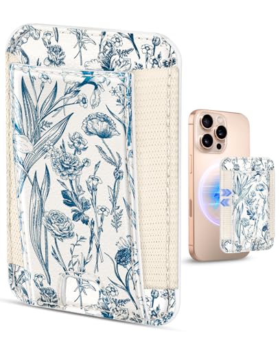 Tarjetero magnético para iPhone 15 16 de cuero con elástico flor azul