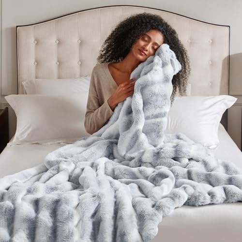 Hyde Lane Luxury Fluffy Faux Rabbit Fur Throw Blanket - Ultra Soft Cozy Blankets for Sofa, Couch, Bedroom | Warm Thick Fuzzy Throws As a Gift, Snow Lynx, 50\"x60\"