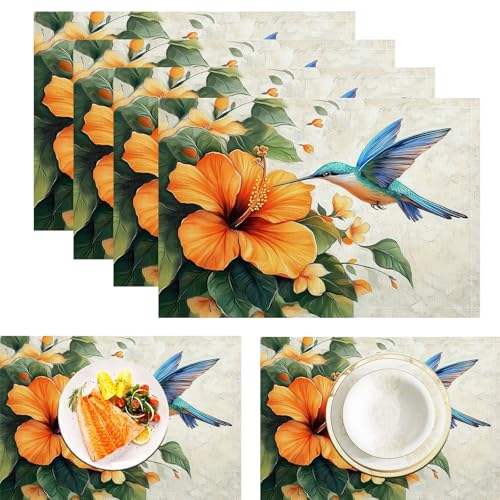 Juego De 4 Manteles Individuales De Algodón Y Lino para Mesa De Comedor, Resistentes Al Calor, Lavables Y Fáciles De Limpiar, 45X30Cm (Colibrí Hibisco Plantas Tropicales)