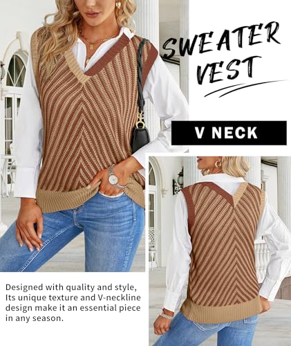 Image of MARZXIN Women Sleeveless Sweater V Neck Casual 2026 Fall Knitted Chevron V Neck Sweater Vest Color Block Pullover Sweater Top