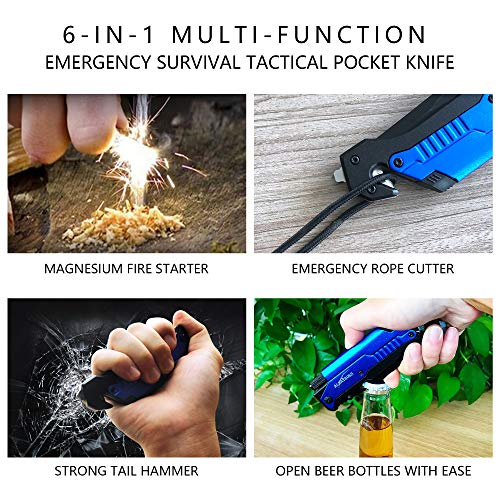 Image of ALBATROSS 6-in-1 Survival Tactical Military Folding Pocket Knives with LED Light,Seatbelt Cutter,Glass Breaker,Magnesium Fire Starter,Bottle Opener;Multi-Function Emergency Tool(Blue)