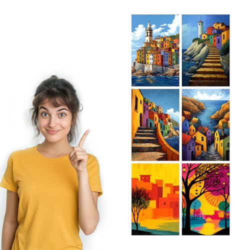 Image of SiddArtify Colorful Coastal Town Wall Art Prints Set - Modern Cityscape Poster Decor for Living Room Bedroom Office - 12x18 inch Sticker Pack of 6