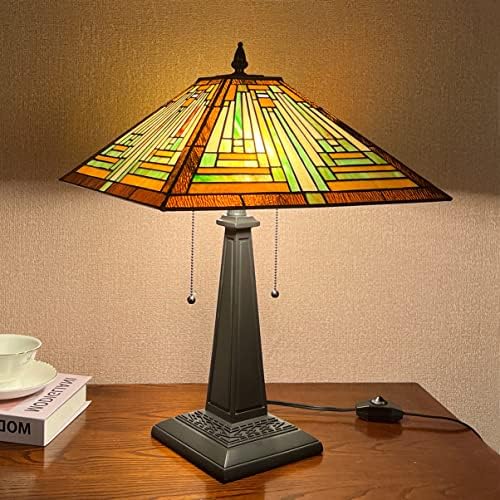 COTOSS Tiffany Table Lamp 16" Wide Handmade Stained Glass Lamp Shade 2 Light Amber Mission Style Vintage Table Lamp for Living Room Bedroom