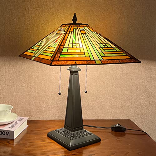 Cotoss Tiffany Table Lamp 16" Wide Handmade Stained Glass Lamp Shade 2 Light Amber Mission Style Vintage Table Lamp For Living Room Bedroom #TOP2