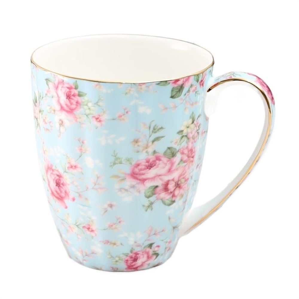 Tazas Cafe Juego de té de Flores, Taza de café de cerámica, Estilo de Traje, Taza de té con Borde Dorado platillo con una Cuchara Juego De Cafe(Style A 400ml)