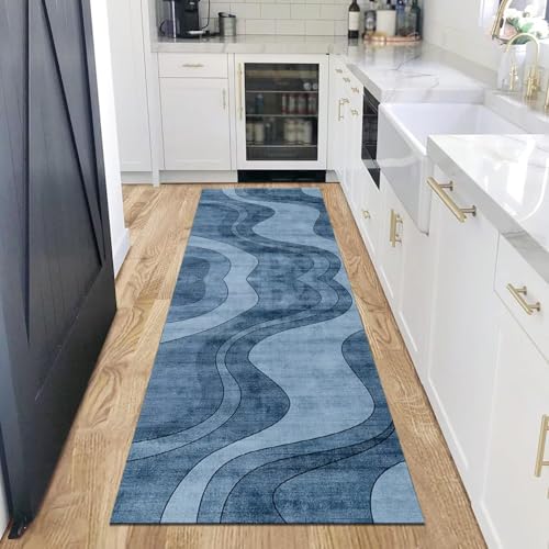 Tapis abstrait bleu 110x400 cm grand format de qualité supérieure