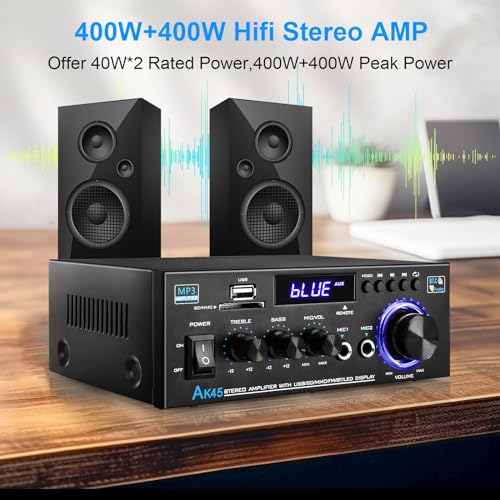 Image of KKMOL - Hifi Stereo Amplifier, AK45 Mini Bluetooth Radio Audio Amplifier Receiver, Wiimp Amp, 12V /220V, 400W, 2 Channels, Digital Sound Amplifier with USB, SD Card, Remote Control