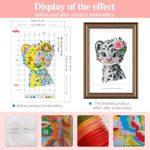 Image of Zhenqing Cartoon Leopard Cross Stitch Kit - 11CT Pre-Printed 25x35cm Fabric with Threads & Needle (No Hoop Needed)(67522)