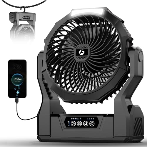 XZK 24000mAh Rechargeable Camping Fan, 60H Runtime Battery Powered Portable Travel Fan with LED Light, Tent Fans for Indoor,Outdoor,Fishing,Jobsite & Hurricane Emergency,Gifts for Men Dad Him,Black
