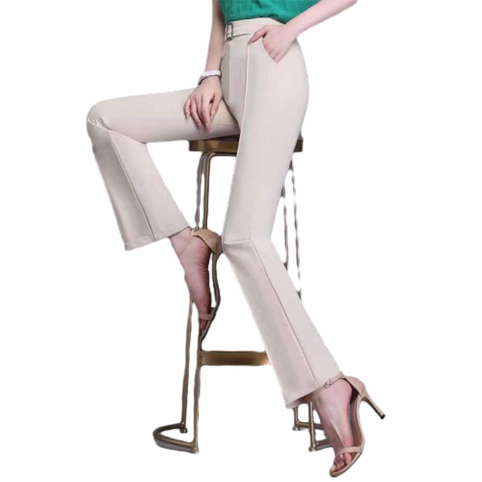 Womens Pants - High-Rise Ultra Soft Pull-On Wide Leg Straight-Leg Stretch Trousers with Elastic Waist