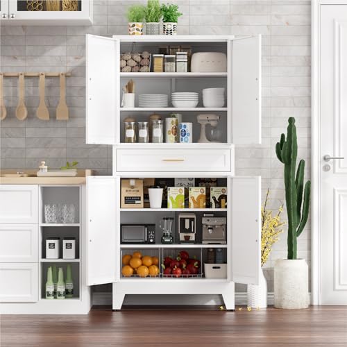 Image of 71 inch Tall Kitchen Pantry Cabinet,Farmhouse Pantry Cabinet,Metal Cabinet with Adjustable Shelves and Drawer,Storage Cabinet for Kitchen Dining Room Garage,White 1 Pack
