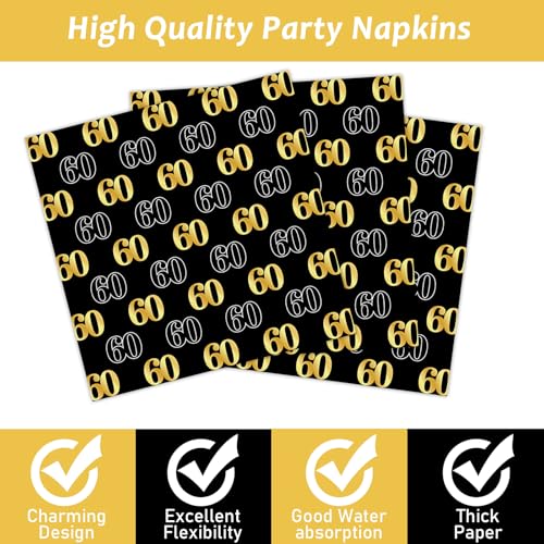 Image of 200PCS 60th Theme Birthday Party Tableware Vintage 1966 Party Supplies 60 year old Birthday Party Decorations Plates Napkins Forks Black and Gold Dinnerware Favors for Men or Women