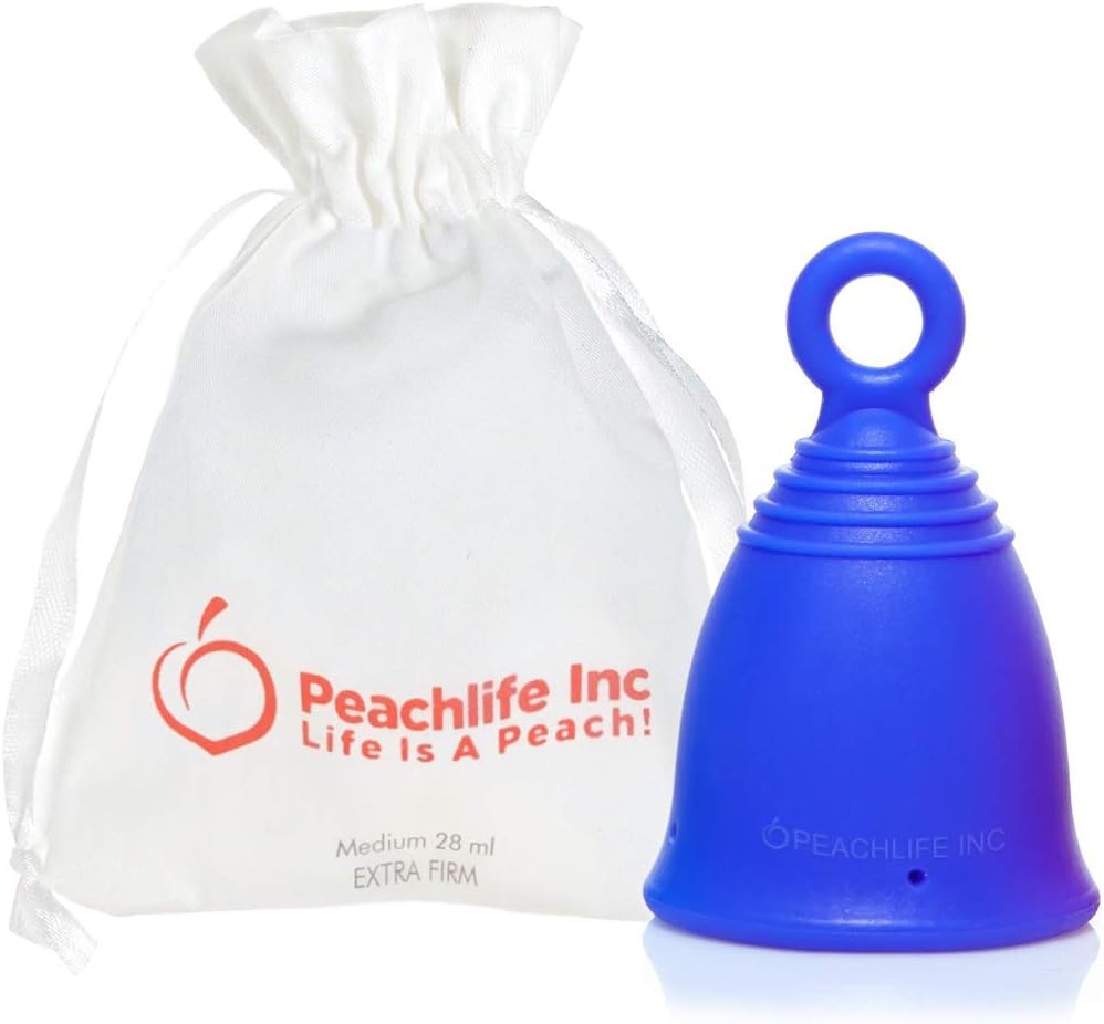 Silicone Ring Menstrual Cup with Loop Pull Stem Handle - Reusable for 10 Years - Medium Size, Extra Firm Peachcup