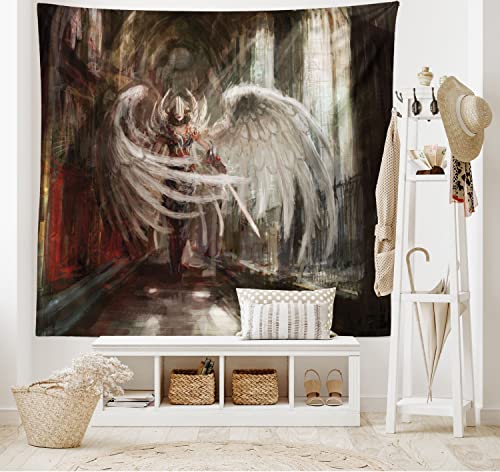 Ambesonne Fantasy Tapestry, Cyborg Angel Girl Warrior With Gothic Architecture Illustration Print, Wide Wall Hanging For Bedroom Living Room Dorm, 80" X 60", Brown White #TOP1