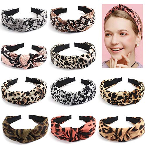 Leopard Headbands for Women, 10 Pack Cross Knot Hairbands, Cute Animal Print Headbands,Cloth Wrapped Hair Bands, Hair Accessories for Women Makeup Spa Hair Fix Accessories