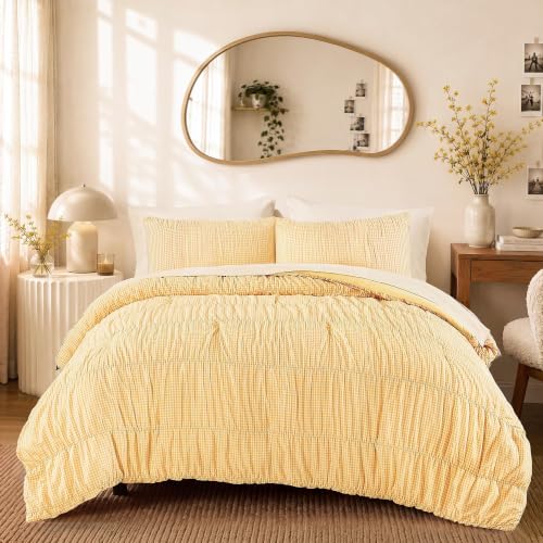 Yellow Gingham Queen Size Comforter Sets - 3 Pieces Ruched Bedding by BLOOMHAVEN - Used condition - Image 2