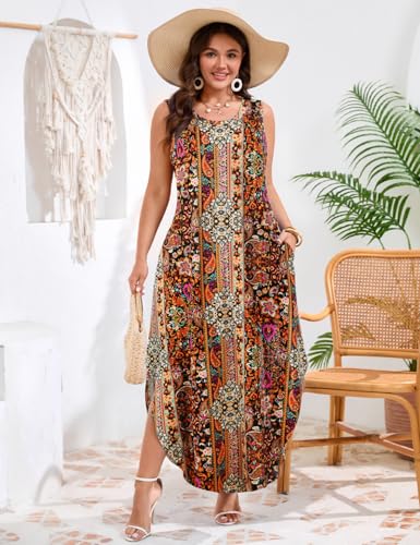 Image of JollieLovin Women Plus Size Summer Tank Maxi Dresses Sleeveless Causal V Neck Beach Long Dresses Swim Cover up (L-5X)