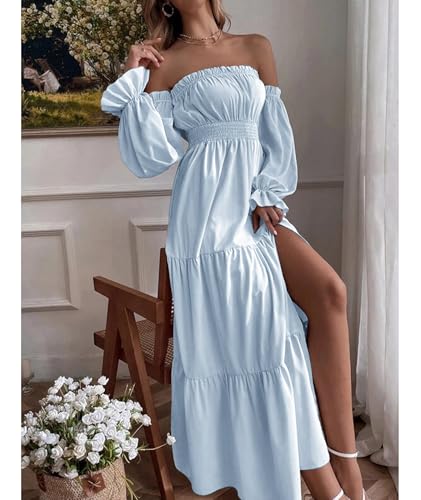 Image of ECDAHICC Women's Boho Sexy Off Shoulder Long Sleeve Maxi Dress High Waist Side Split A Line Tiered Long Dresses