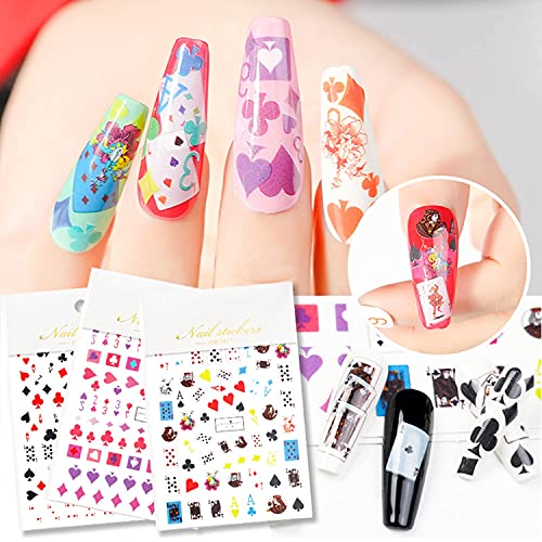 Fexo Poker Nail Art Stickers Decals 3D Nail Art Supplies Fashion Playing Cards Designer Nail Sticker Red Heart Diamond Spades Geometric Letter Nail Designs Sticker For Acrylic Nails (6 Sheets) #TOP3