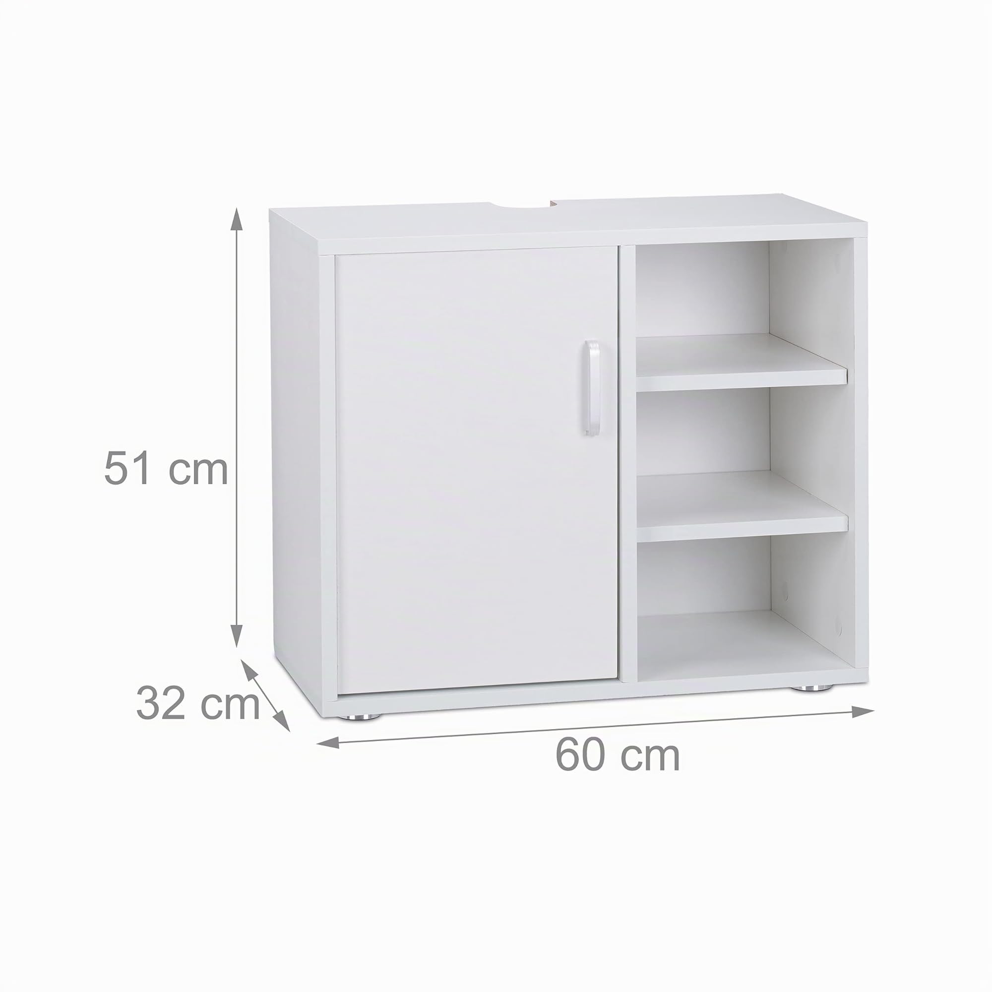 Relaxdays Mobile sotto-Lavabo, Mobiletto per Lavandino Bagno, 3 Ripiani, Armadietto, Anta Singola, Legno MDF, Bianco, 51x60x32 cm
