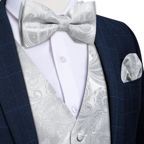 Image of DiBanGu Mens Paisley Suit Waistcoat,Silk Dress Vest and Bowtie Pocket Square Cufflinks with Lapel Pin Set for Wedding Tuxedo