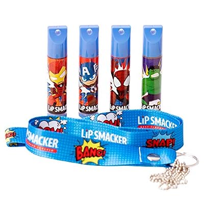 Lip Smacker Marvel 4 Piece Iron Man Captain America Spider Man Hulk Lip Balm Set with Strawberry Cotton Candy Watermelon Oatmeal Cookie 4 Piece Lip Balm Set
