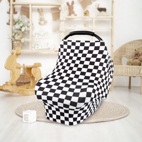 Image of TANOFAR Car Seat Cover for Baby, Multi-Use Cover Carseat Canopy, High Stretchy & Breathable Infant Carseat Cover, Shower Gifts for Unisex Boys and Girls (Black Checkered)