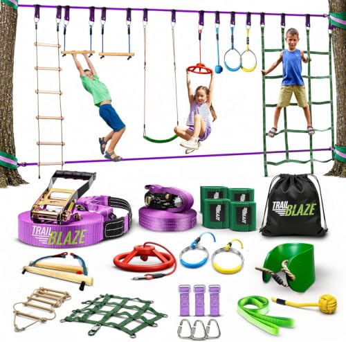 Trailblaze Ninja Warrior Hindernisparcours für Kinder Fitnessgerät für den Garten mit 2 x 16 8 m Slacklines und 10 wetterfesten Hindernissen Ninja Parcours für draußen