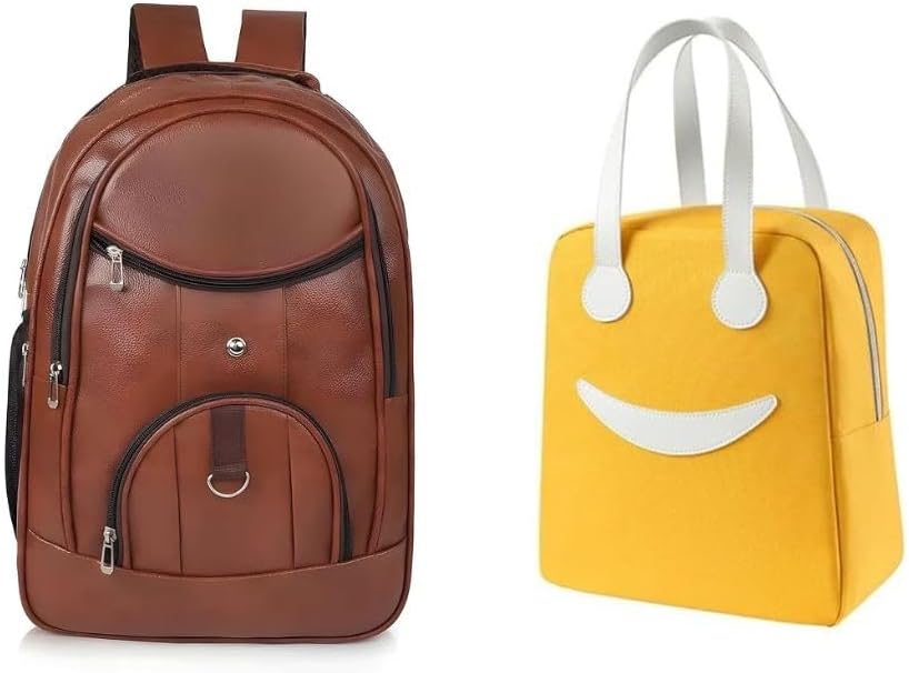 Laptop Backpack and Tote Bag Combo for Men & Women – Brown Leather Laptop Bag with Multi-Compartments & Stylish Yellow Handbag for Office, Travel & College Use