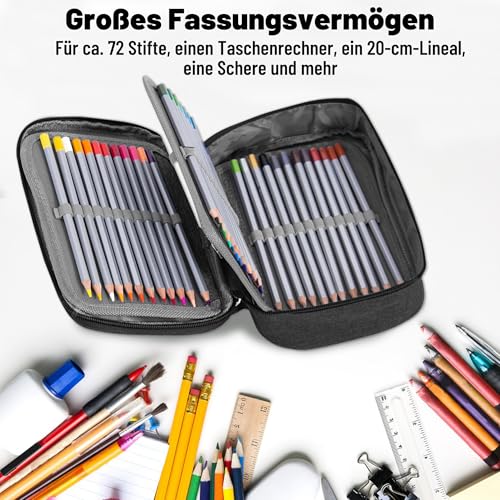 WUISOLQP Federmäppchen Groß, Federmappe Schwarz mit 72 Slots, Abnehmbar Federtasche 5 Fächer Pencil Case Federmappe groß Schlampermäppchen Schulmäppchen für Jungen Mädchen Erwachsene Teenager