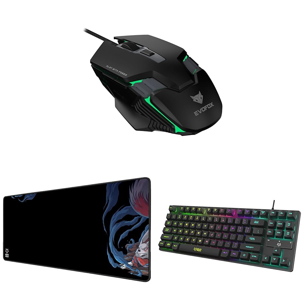 EvoFox Prime 3 in 1 Gaming Bundle: Fireblade Wired TKL Keyboard, Spectre USB Gaming Mouse, Falcon X85 Extended Mouse Pad/Desk Pad