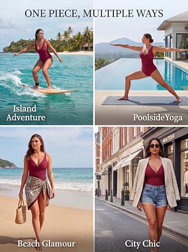Image of Smismivo Women's Tummy Control Swimsuit One Piece Slimming Ruched Push Up Bathing Suit Vintage Padded Retro V Neck Swimwear