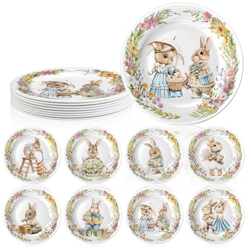 LOYIM 8 Pcs Easter Salad Plates Bunny Dishes 8' 10' Melamine Easter Dinnerware Sets Assorted Designs Ceramic-like Spring Rabbit Plates for Dinner Salad Dessert Birthday Party Supplies(10 Inch)