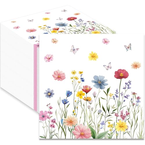 JULMELON 100 Servietten Frühling Papierservietten mit Blumen Servietten Blumenwiese Schmetterlinge Servietten Blumenmuster für Frühling Geburtstage Partys Hochzeiten Feiern