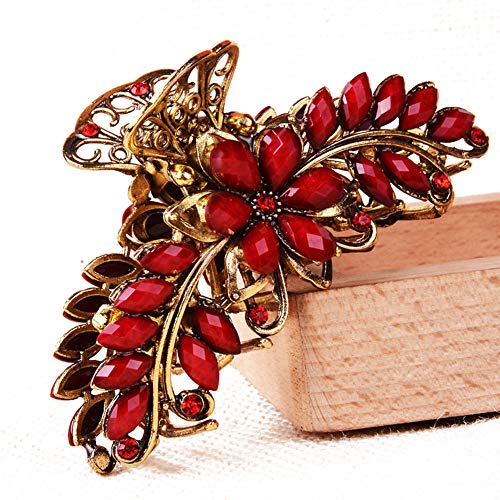 Suoirblss Large Metal Rhinestone Alloy Hair Claw Jaw Clip Retro Flowers Hair Clip Fancy Hair Barrette Clamp for Women Thick Hair (Red)