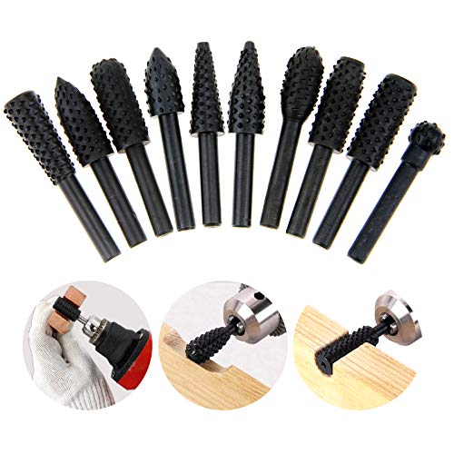 Woodworking Twist Drill Bits Wood Carving File Rasp Drill Bits 6.3mm(1/4") Shank Electrical Tools Woodworking Rasp Chisel Shaped Rotating Embossed Grinding Head 10 Piece Set