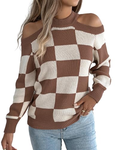 IDEALSANXUN Womens Checkered Sweater Fall Winter Long Sleeve Off Shoulder Knitted Sweater