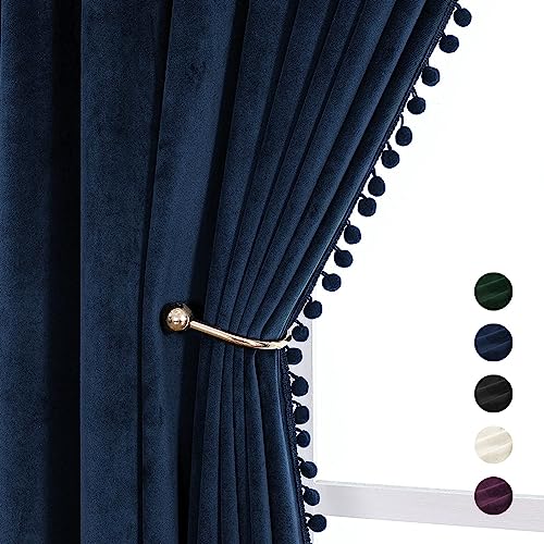 Image of Amazon Brand - Umi Velvet Eyelet Door Curtains with pom pom Lace for Living Room Bedroom Kitchen 2 pc Pack in Blue Color (Door - 4 feet x 7 feet) | Blackout