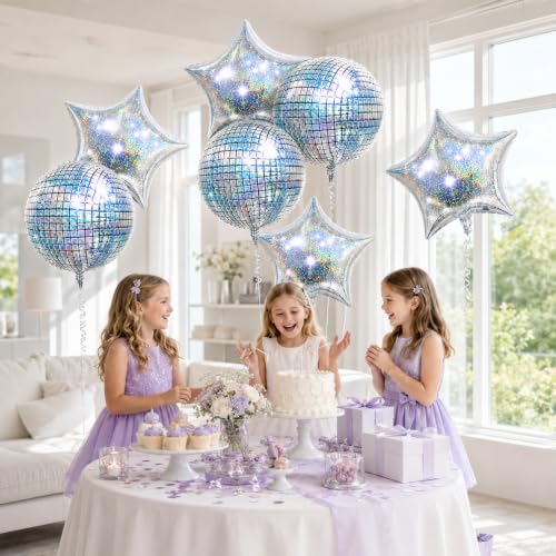 Image of 9 Pcs Disco Ball Balloons and Star Balloons 22 /18 4D Ball Balloons Laser Metallic Silver Disco Star Mylar Balloon for Birthday Bachelorette 70s 80s 90s Themed Grad Retro Prom Party Decor