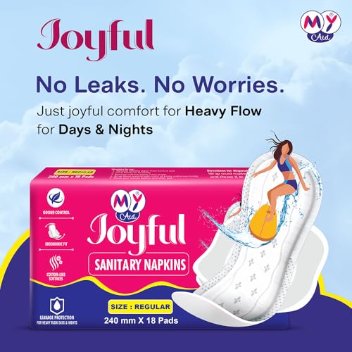 Image of Joyful Sanitary Napkins for Women | Cotton Soft, Super Absorbent, Odour & Rash Free, Leak-Proof Pad for Heavy Flow, Overnight Protection & Travel, Regular, 54 pads, Pack of 3