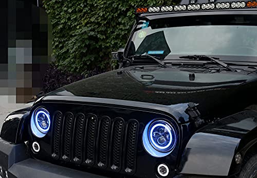 Hozan 7Inch Blue Halo Headlight With Hi/Low Beam Drl Ring Compatible With Wrangler Jk Jku Tj Cj Lj Rubicon Sahara Led Headlight -2 Pack #TOP4