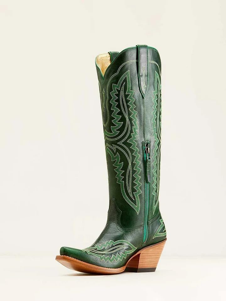 UniqueStride Women's Knee High Cowgirl Boots Western Cowboy Embroidery Chunky Heel Side Zipper Snip Toe Riding Biker Motorcycle Wide Calf Tall Boot